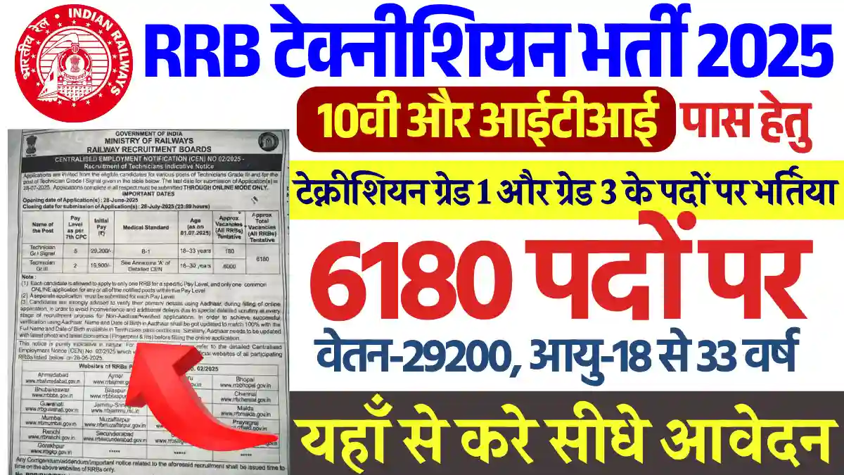 6180 पदों पर Railway RRB Technician Recruitment 2025: 10वी पास हेतु सीधी भर्ती